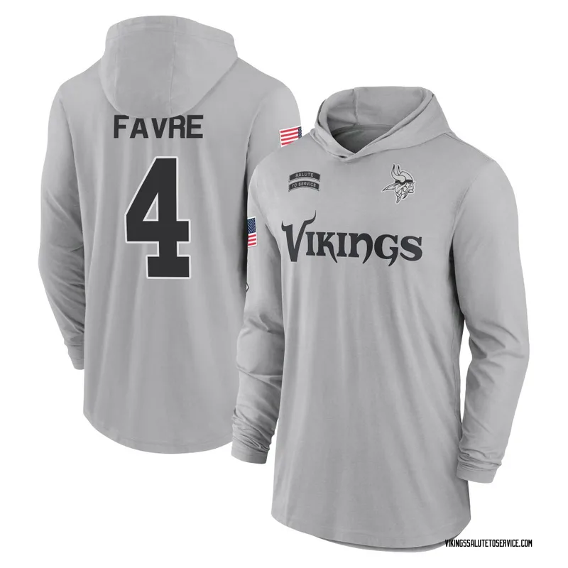 Men's Brett Favre Minnesota Vikings Gray 2024 Salute to Service Lightweight Performance Long Sleeve Hooded T-Shirt