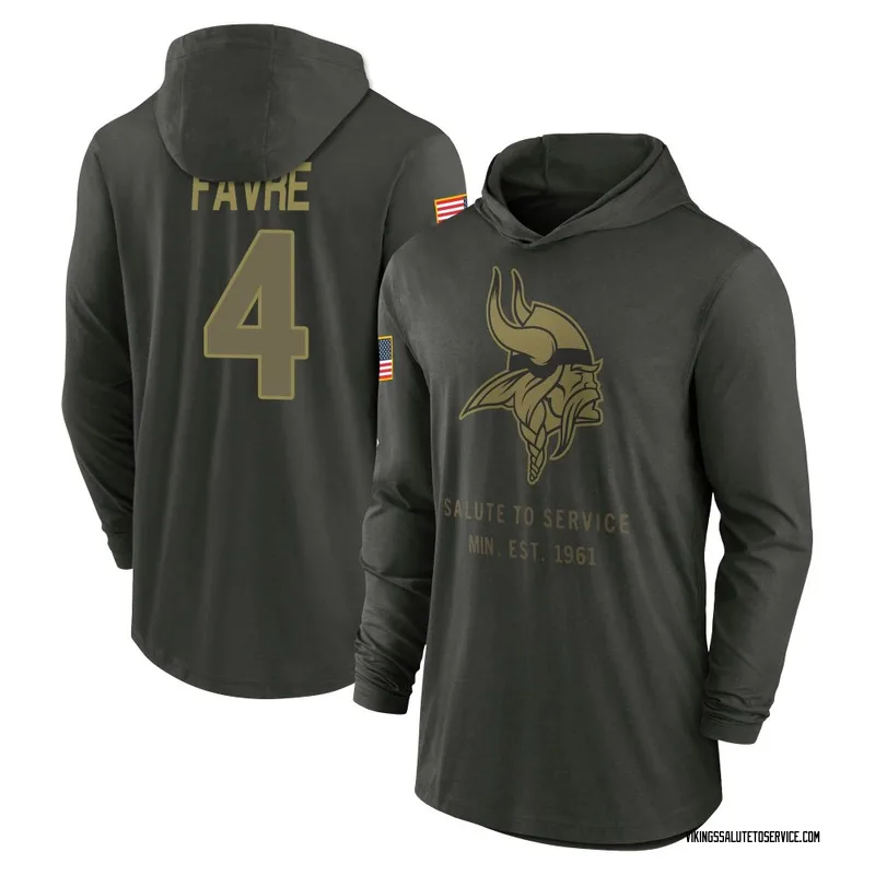 Men's Brett Favre Minnesota Vikings Green Forest/ 2025 Salute to Service Sideline Lightweight Hooded Pullover Long Sleeve T-Shir