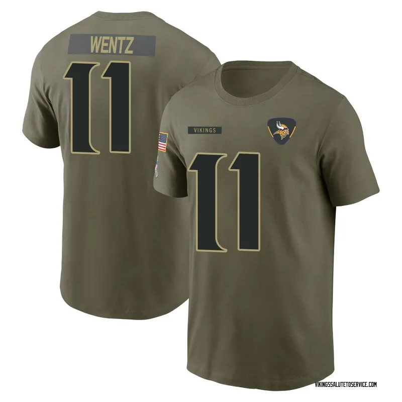 Men's Carson Wentz Minnesota Vikings Olive 2025 Salute to Service Name & Number T-Shirt