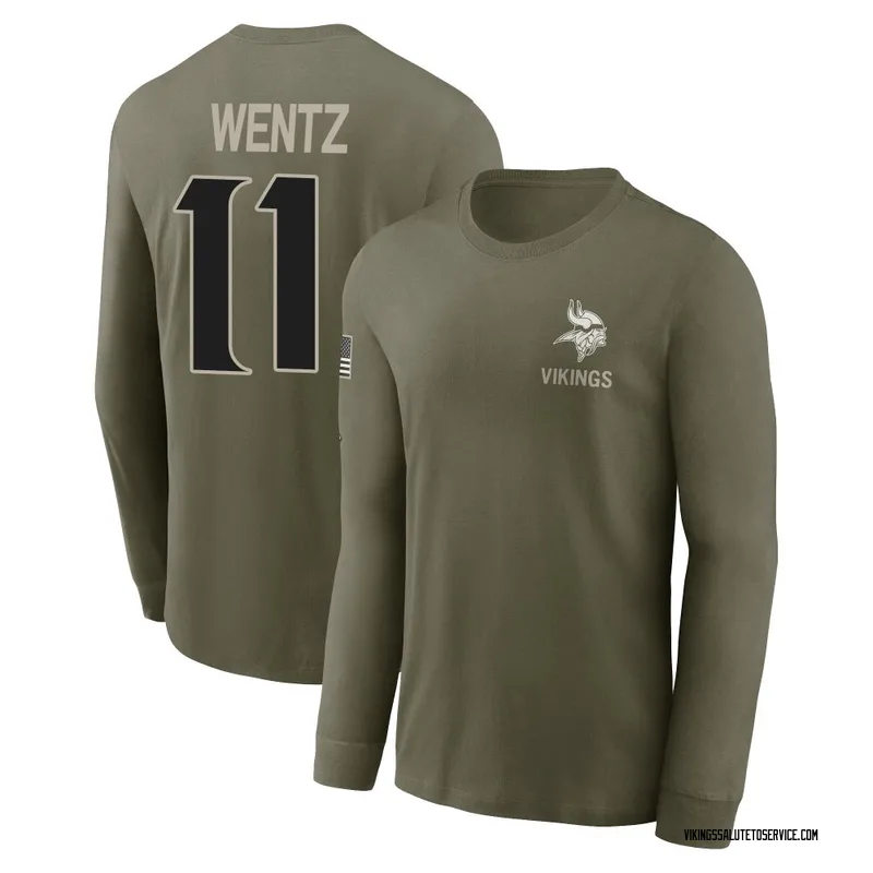 Men's Carson Wentz Minnesota Vikings Olive 2025 Salute to Service Sideline Long Sleeve T-Shirt
