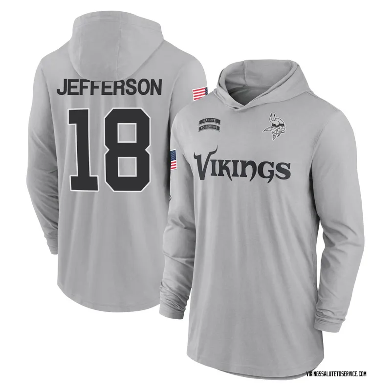 Men's Justin Jefferson Minnesota Vikings Gray 2024 Salute to Service Lightweight Performance Long Sleeve Hooded T-Shirt