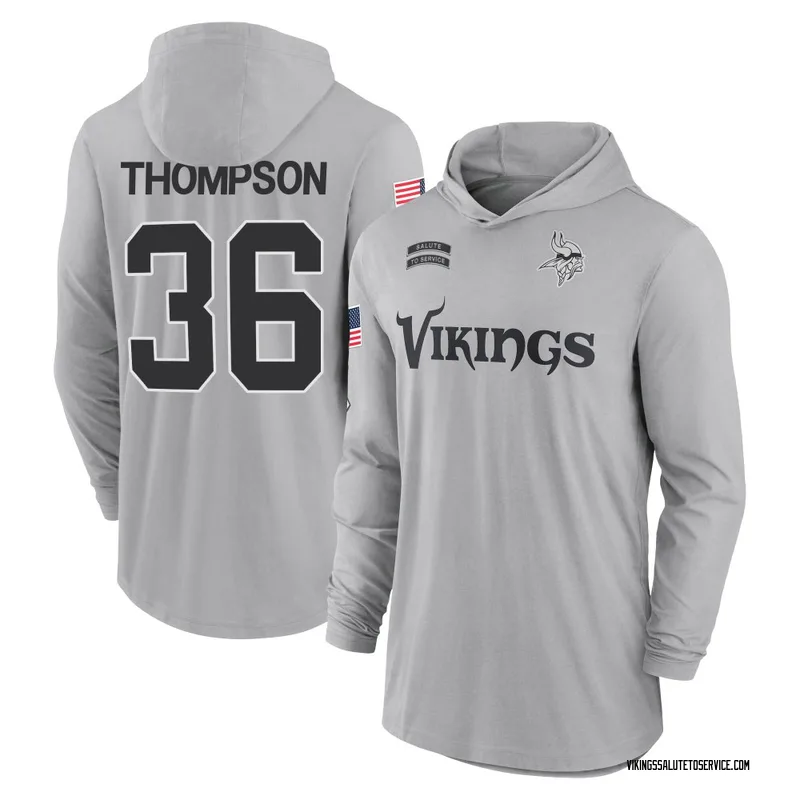 Men's NaJee Thompson Minnesota Vikings Gray 2024 Salute to Service Lightweight Performance Long Sleeve Hooded T-Shirt