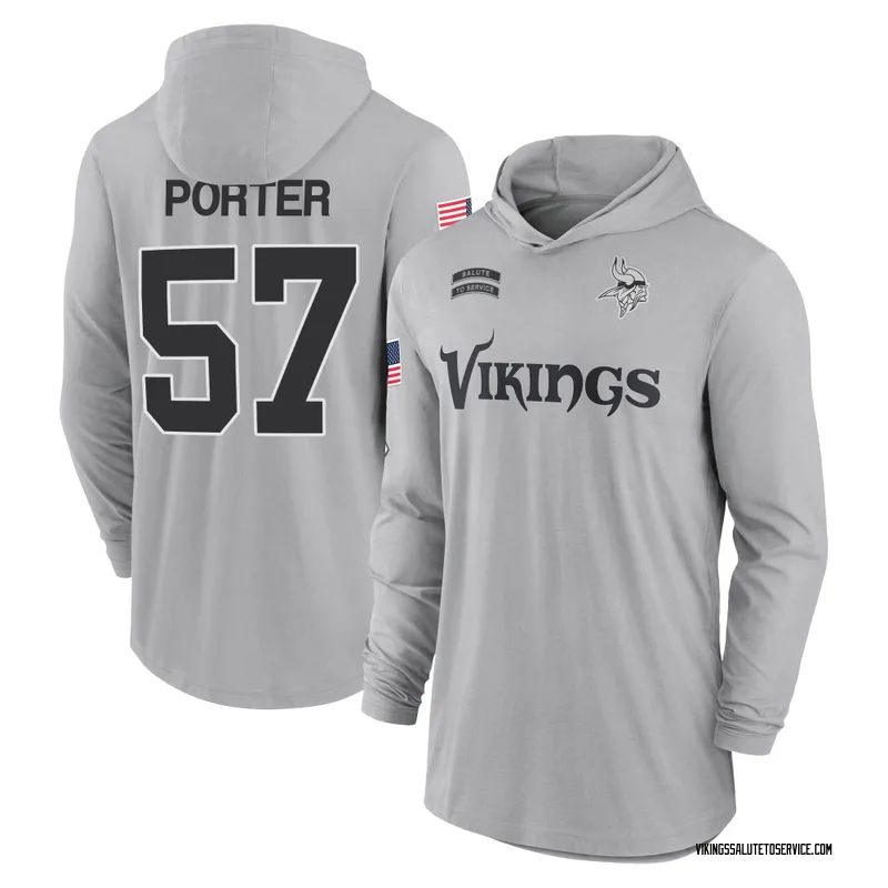 Men's Owen Porter Minnesota Vikings Gray 2024 Salute to Service Lightweight Performance Long Sleeve Hooded T-Shirt