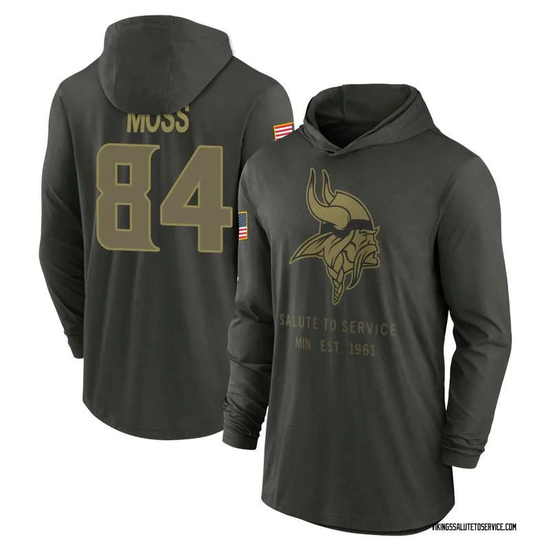 Men's Randy Moss Minnesota Vikings Green Forest/ 2025 Salute to Service Sideline Lightweight Hooded Pullover Long Sleeve T-Shirt