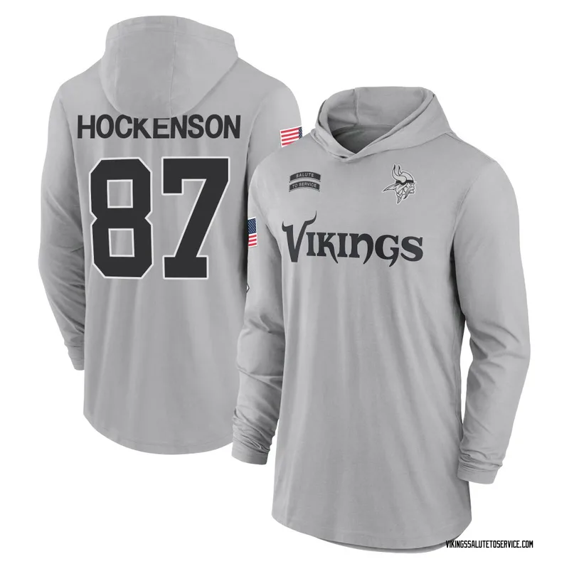 Men's T.J. Hockenson Minnesota Vikings Gray 2024 Salute to Service Lightweight Performance Long Sleeve Hooded T-Shirt