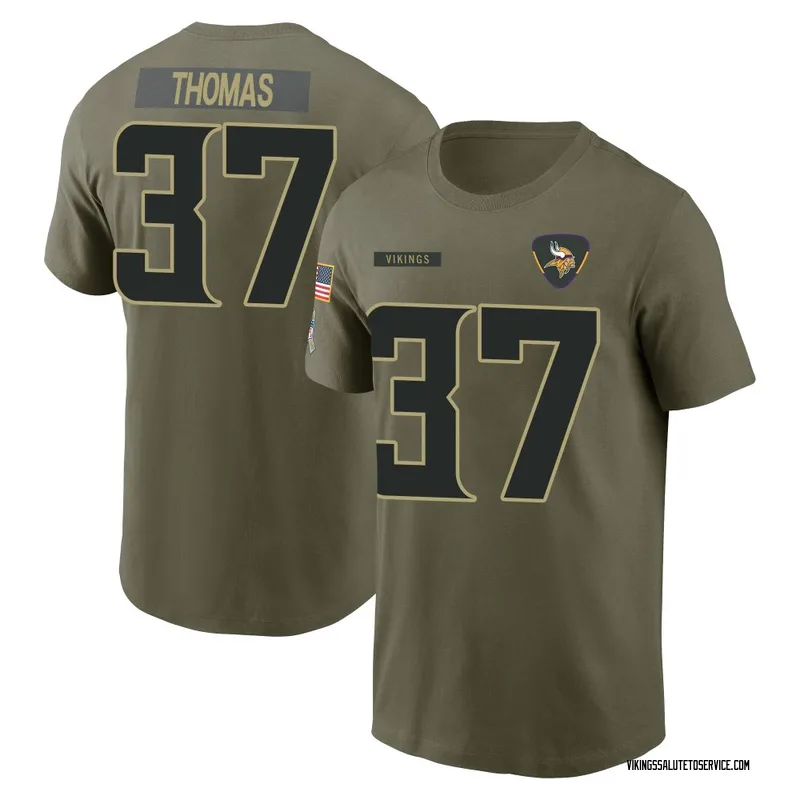 Men's Tavierre Thomas Minnesota Vikings Olive 2025 Salute to Service Name & Number T-Shirt