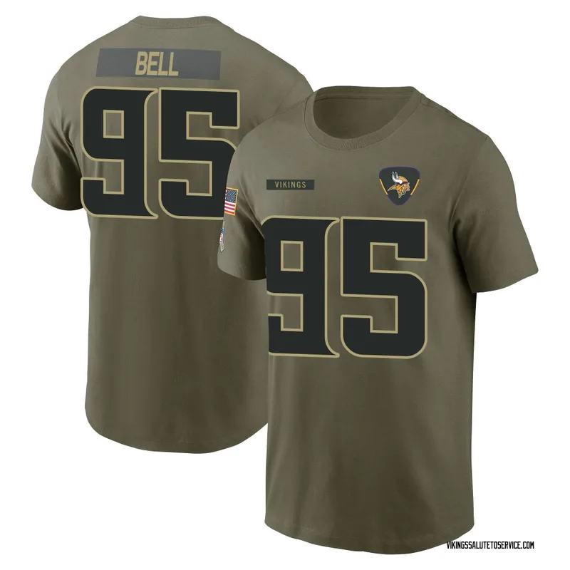 Men's Travis Bell Minnesota Vikings Olive 2025 Salute to Service Name & Number T-Shirt
