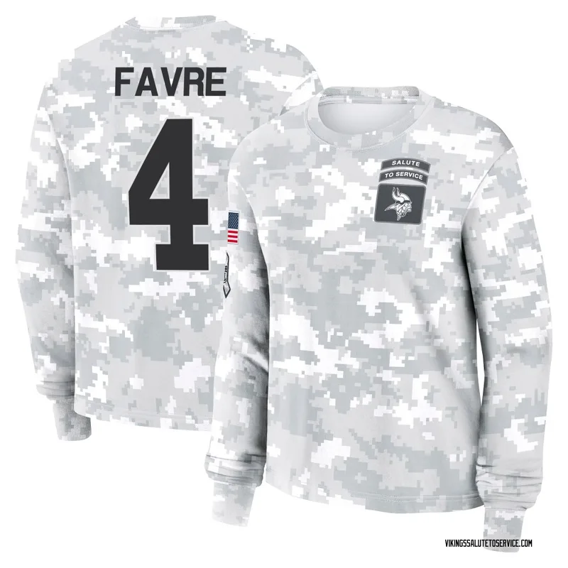 Women's Brett Favre Minnesota Vikings Camo Arctic 2024 Salute to Service Long Sleeve T-Shirt