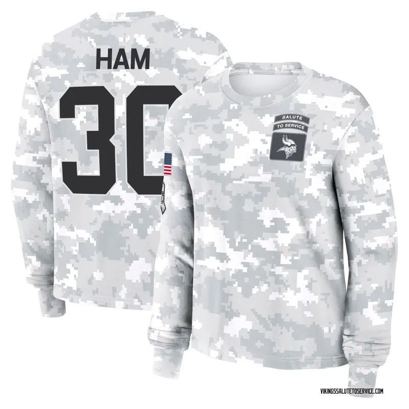 Women's C.J. Ham Minnesota Vikings Camo Arctic 2024 Salute to Service Long Sleeve T-Shirt