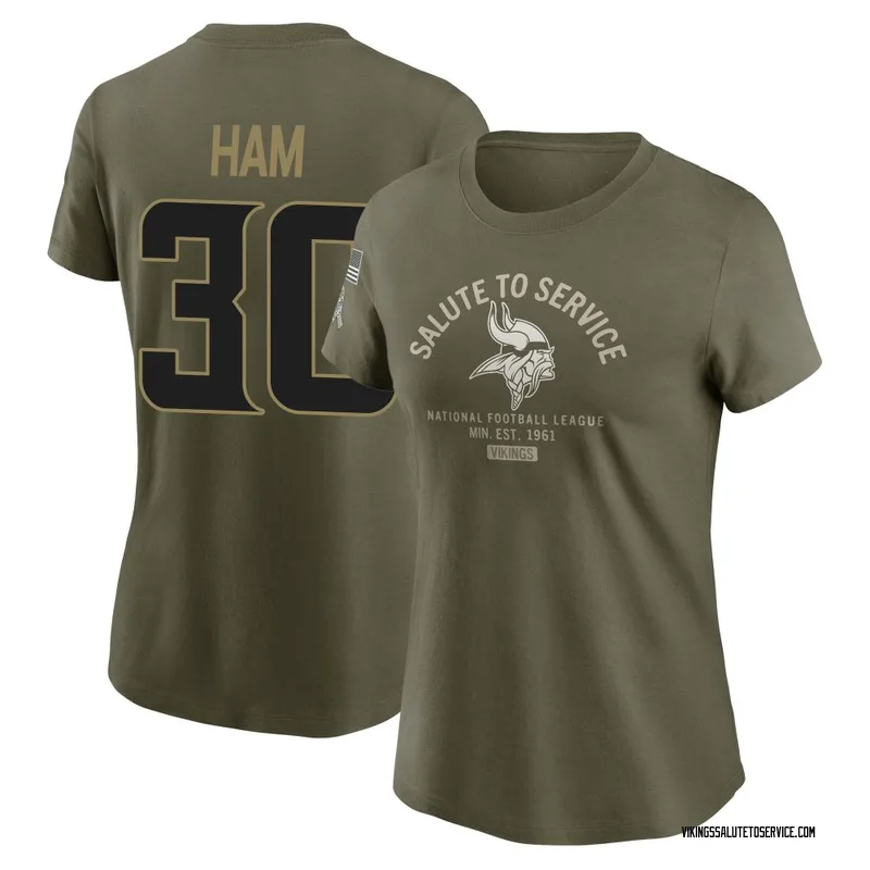 Women's C.J. Ham Minnesota Vikings Olive 2025 Salute to Service Sideline T-Shirt