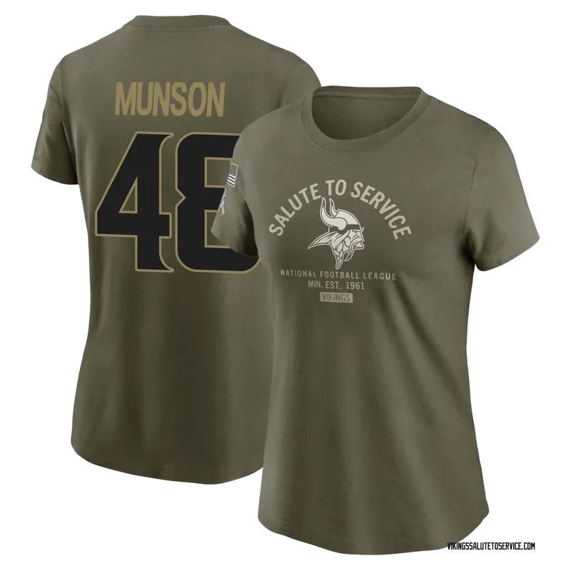 Women's Calvin Munson Minnesota Vikings Olive 2025 Salute to Service Sideline T-Shirt