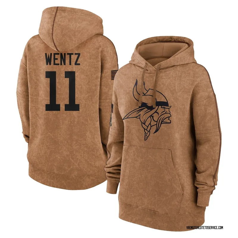 Women's Carson Wentz Minnesota Vikings Brown 2023 Salute To Service Pullover Hoodie