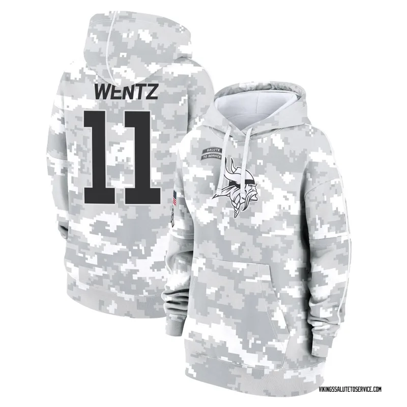 Women's Carson Wentz Minnesota Vikings Camo Arctic 2024 Salute to Service Club Fleece Pullover Hoodie