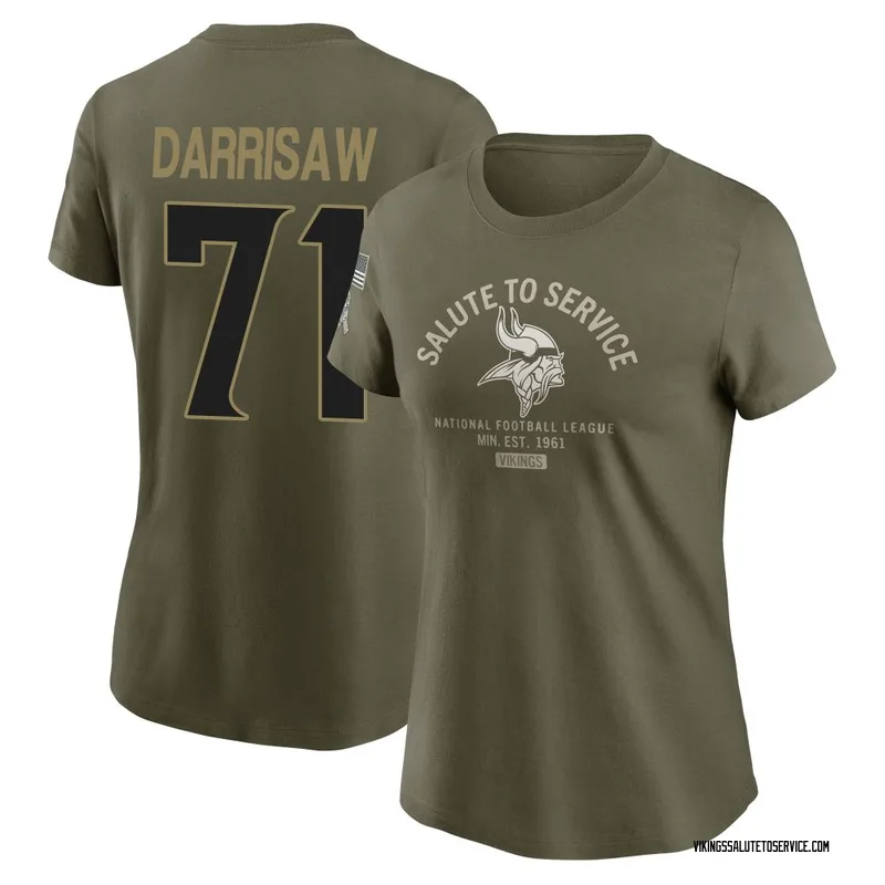 Women's Christian Darrisaw Minnesota Vikings Olive 2025 Salute to Service Sideline T-Shirt
