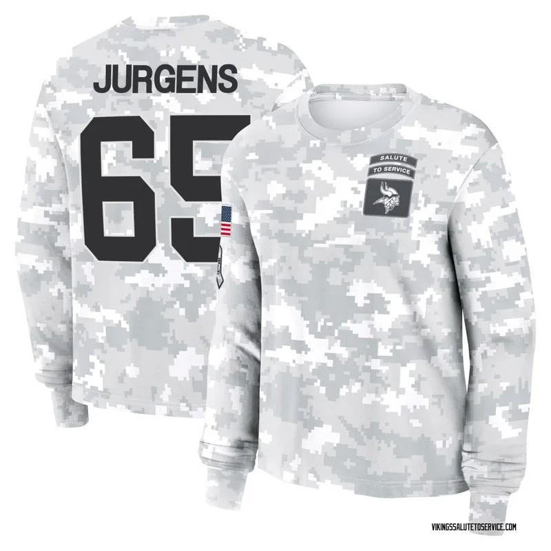 Women's Michael Jurgens Minnesota Vikings Camo Arctic 2024 Salute to Service Long Sleeve T-Shirt