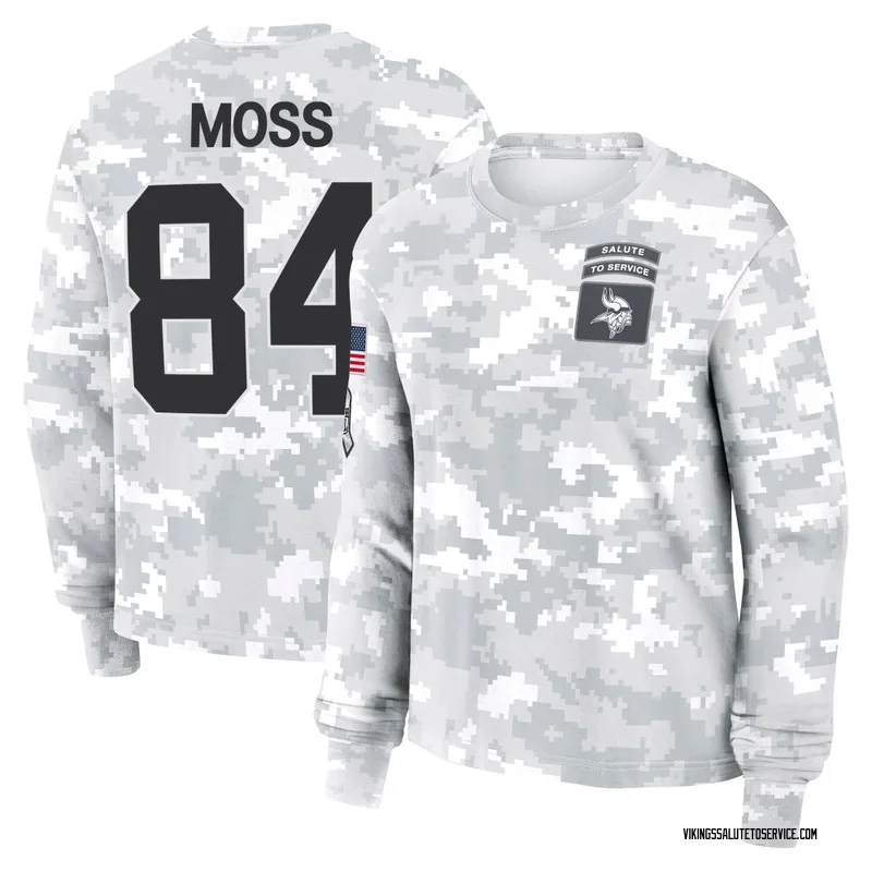 Women's Randy Moss Minnesota Vikings Camo Arctic 2024 Salute to Service Long Sleeve T-Shirt