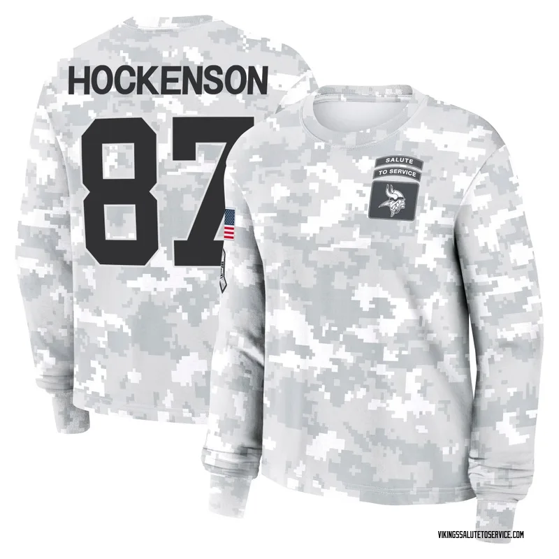 Women's T.J. Hockenson Minnesota Vikings Camo Arctic 2024 Salute to Service Long Sleeve T-Shirt