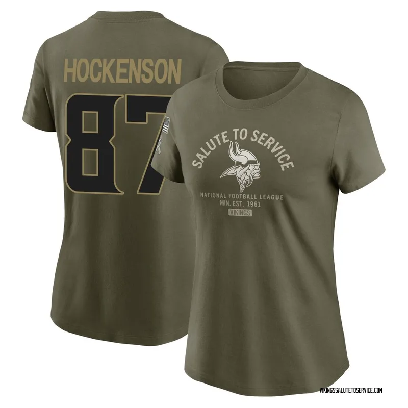 Women's T.J. Hockenson Minnesota Vikings Olive 2025 Salute to Service Sideline T-Shirt
