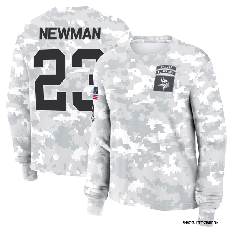 Women's Terence Newman Minnesota Vikings Camo Arctic 2024 Salute to Service Long Sleeve T-Shirt