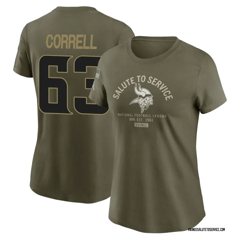 Women's Zeke Correll Minnesota Vikings Olive 2025 Salute to Service Sideline T-Shirt