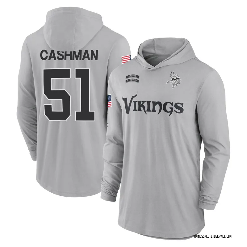 Youth Blake Cashman Minnesota Vikings Gray 2024 Salute to Service Lightweight Performance Long Sleeve Hooded T-Shirt