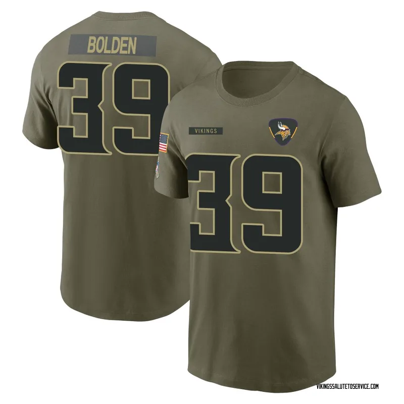Youth Bubba Bolden Minnesota Vikings Olive 2025 Salute to Service Name & Number T-Shirt