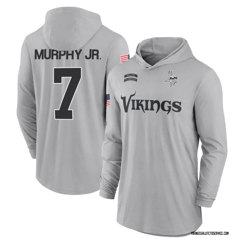 Youth Byron Murphy Jr. Minnesota Vikings Gray 2024 Salute to Service Lightweight Performance Long Sleeve Hooded T-Shirt