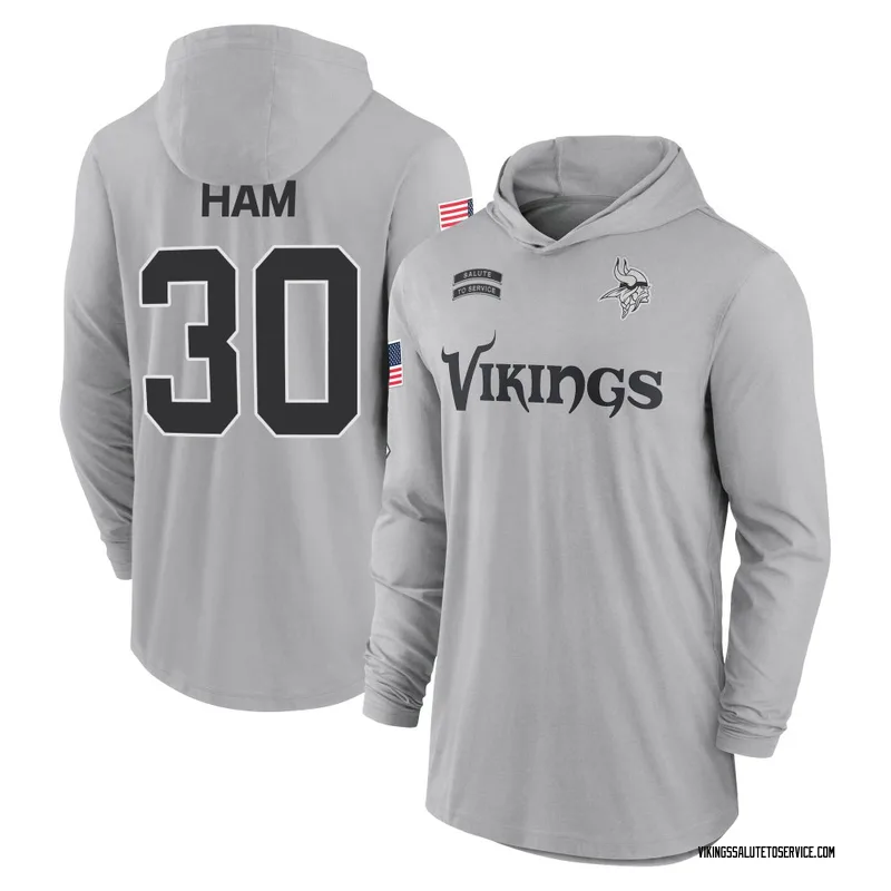 Youth C.J. Ham Minnesota Vikings Gray 2024 Salute to Service Lightweight Performance Long Sleeve Hooded T-Shirt