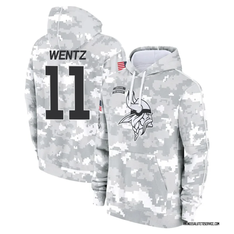 Youth Carson Wentz Minnesota Vikings Camo Arctic 2024 Salute to Service Club Fleece Pullover Hoodie