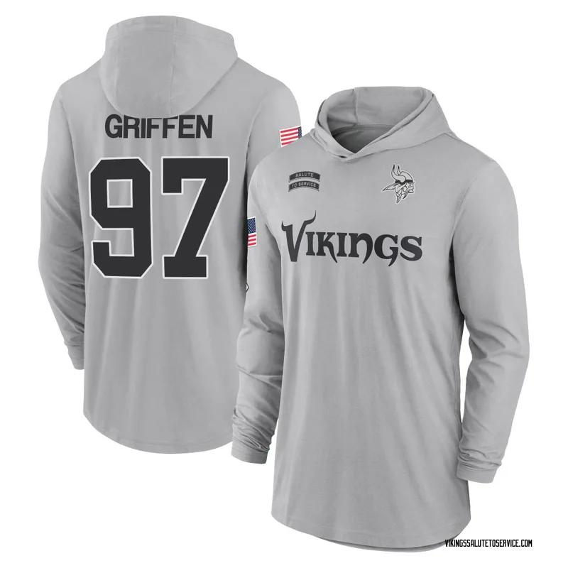 Youth Everson Griffen Minnesota Vikings Gray 2024 Salute to Service Lightweight Performance Long Sleeve Hooded T-Shirt