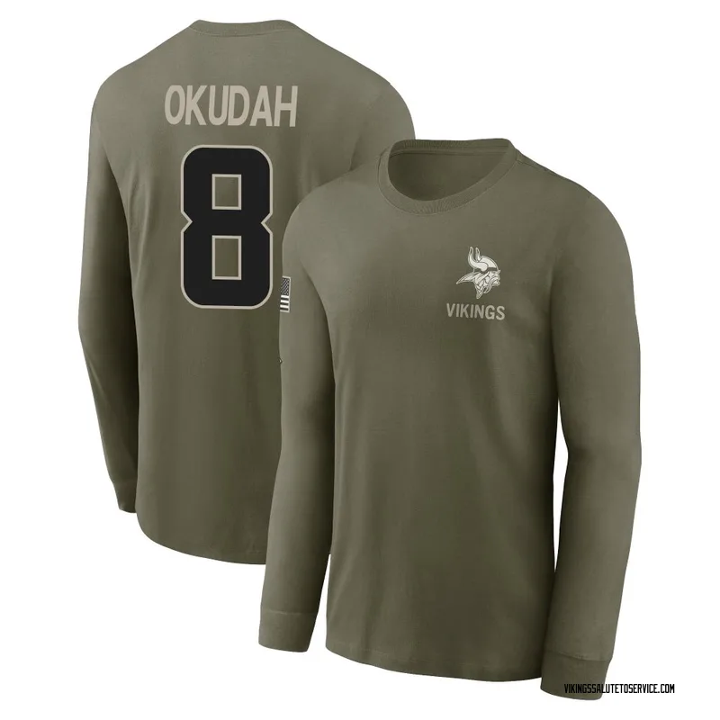 Youth Jeff Okudah Minnesota Vikings Olive 2025 Salute to Service Sideline Long Sleeve T-Shirt
