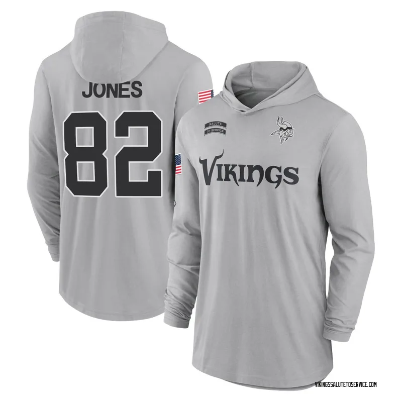 Youth Jeshaun Jones Minnesota Vikings Gray 2024 Salute to Service Lightweight Performance Long Sleeve Hooded T-Shirt