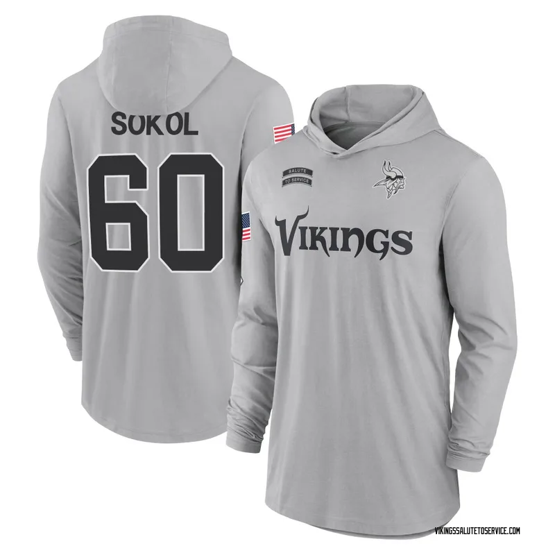 Youth Josh Sokol Minnesota Vikings Gray 2024 Salute to Service Lightweight Performance Long Sleeve Hooded T-Shirt