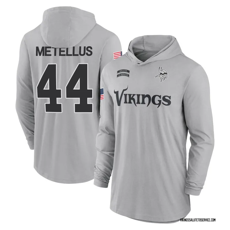 Youth Joshua Metellus Minnesota Vikings Gray 2024 Salute to Service Lightweight Performance Long Sleeve Hooded T-Shirt
