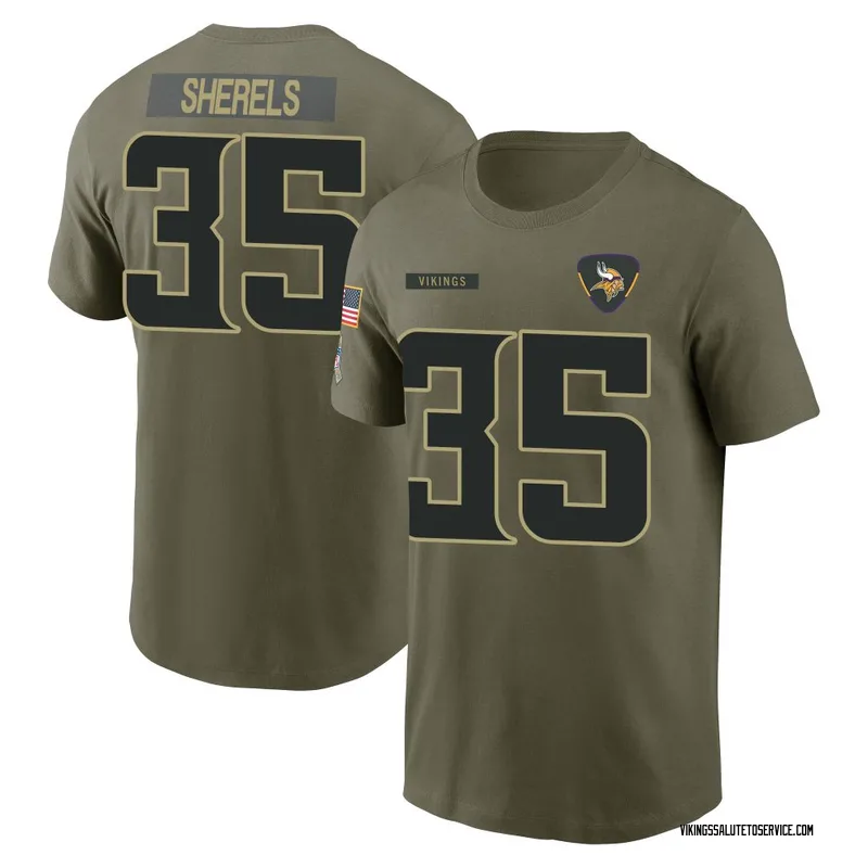 Youth Marcus Sherels Minnesota Vikings Olive 2025 Salute to Service Name & Number T-Shirt