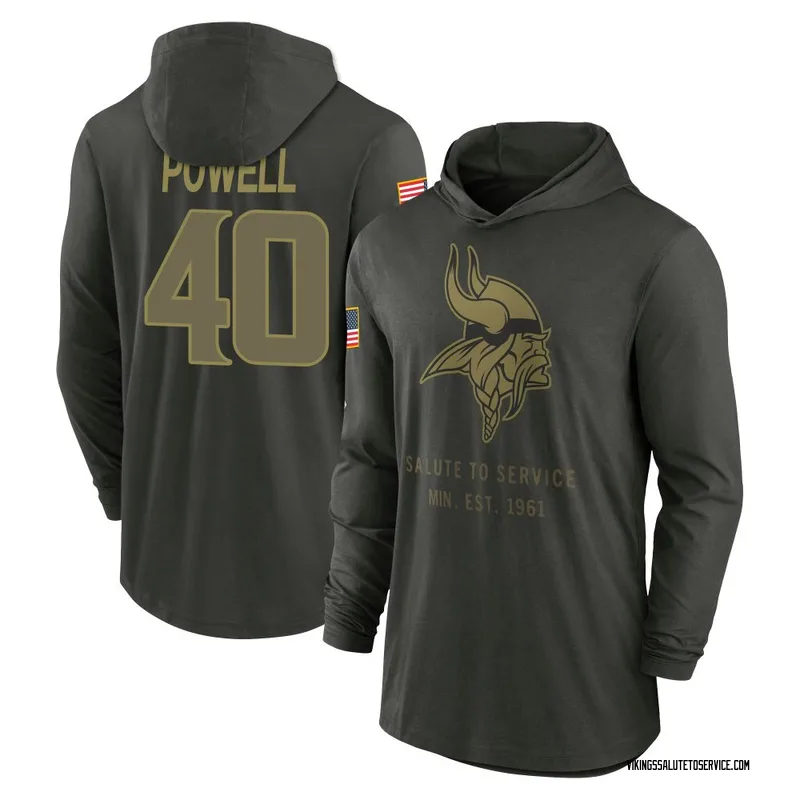 Youth Mishael Powell Minnesota Vikings Green Forest/ 2025 Salute to Service Sideline Lightweight Hooded Pullover Long Sleeve T-S