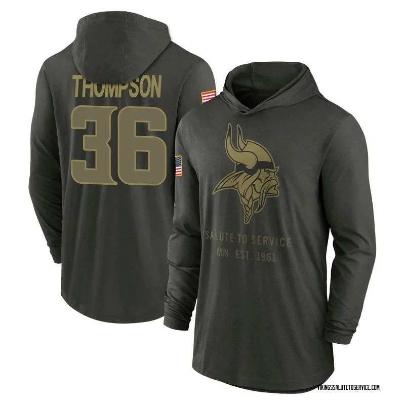 Youth NaJee Thompson Minnesota Vikings Green Forest/ 2025 Salute to Service Sideline Lightweight Hooded Pullover Long Sleeve T-S