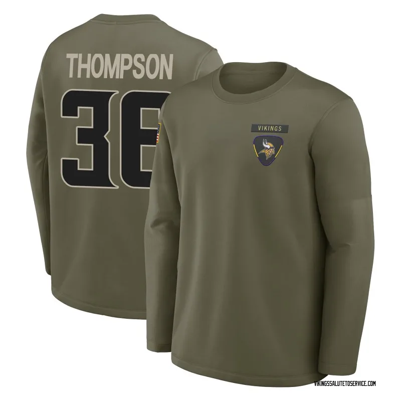Youth NaJee Thompson Minnesota Vikings Olive 2025 Salute to Service Sideline Coaches Long Sleeve T-Shirt
