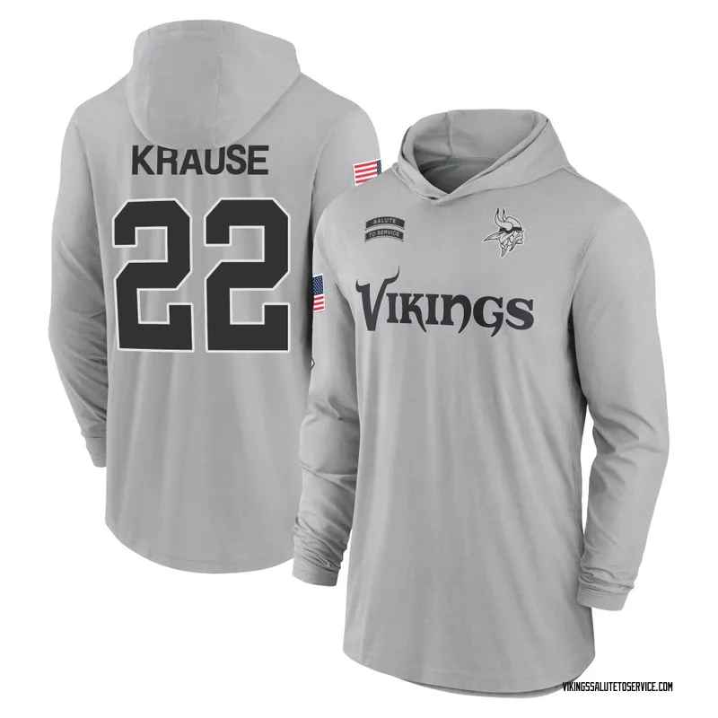Youth Paul Krause Minnesota Vikings Gray 2024 Salute to Service Lightweight Performance Long Sleeve Hooded T-Shirt
