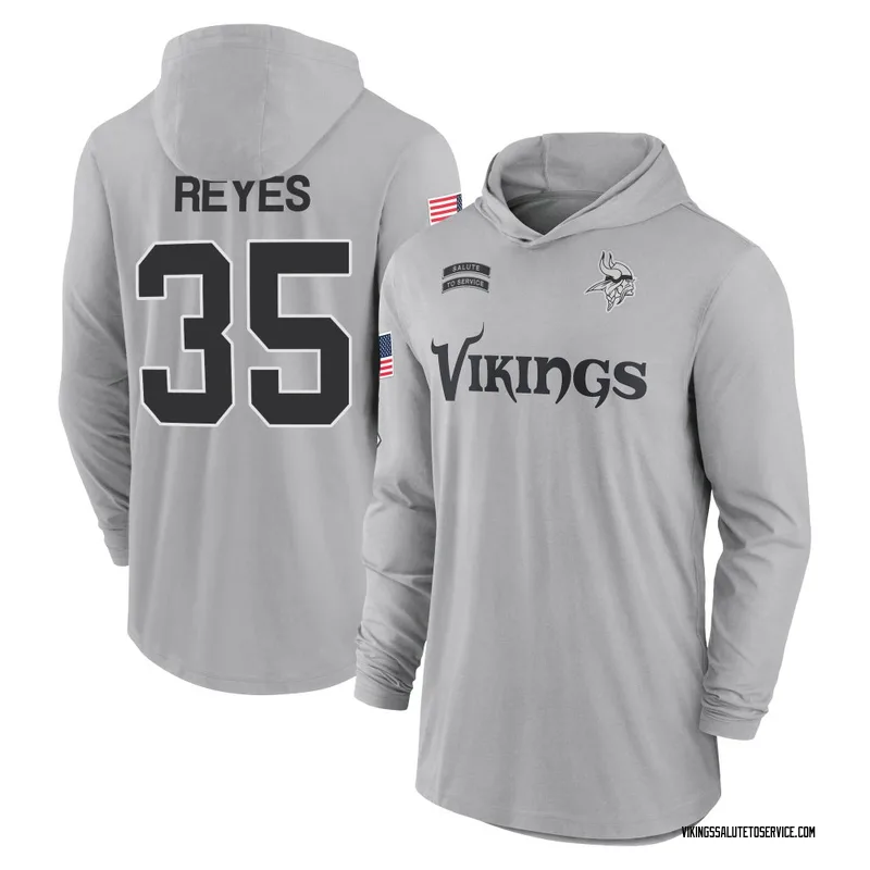 Youth Sammis Reyes Minnesota Vikings Gray 2024 Salute to Service Lightweight Performance Long Sleeve Hooded T-Shirt