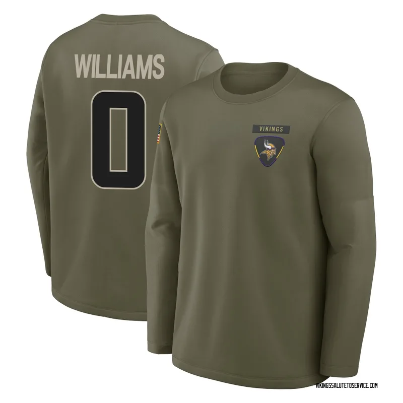 Youth Scooby Williams Minnesota Vikings Olive 2025 Salute to Service Sideline Coaches Long Sleeve T-Shirt