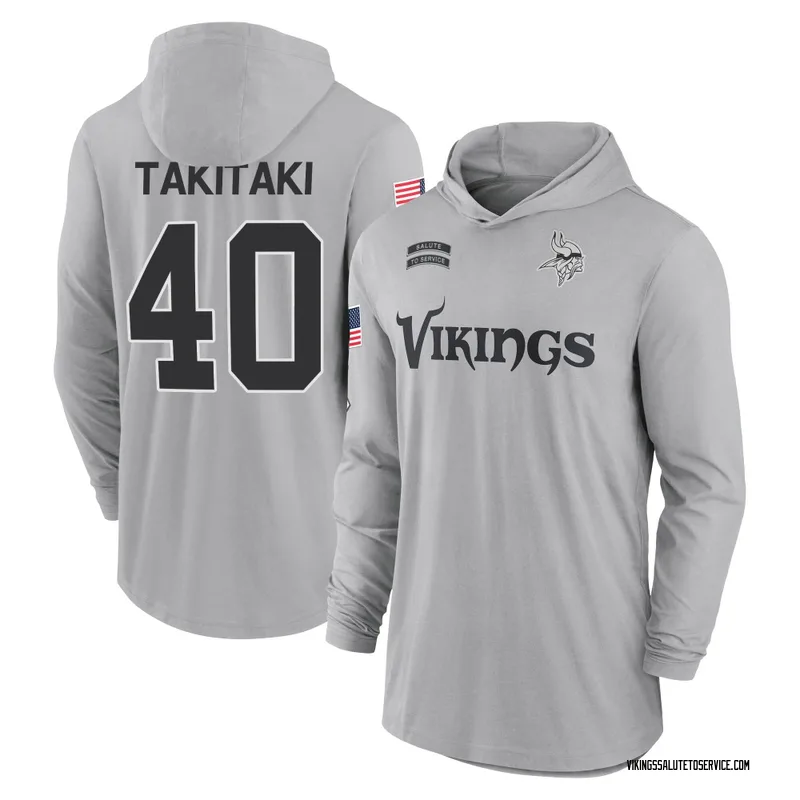 Youth Sione Takitaki Minnesota Vikings Gray 2024 Salute to Service Lightweight Performance Long Sleeve Hooded T-Shirt