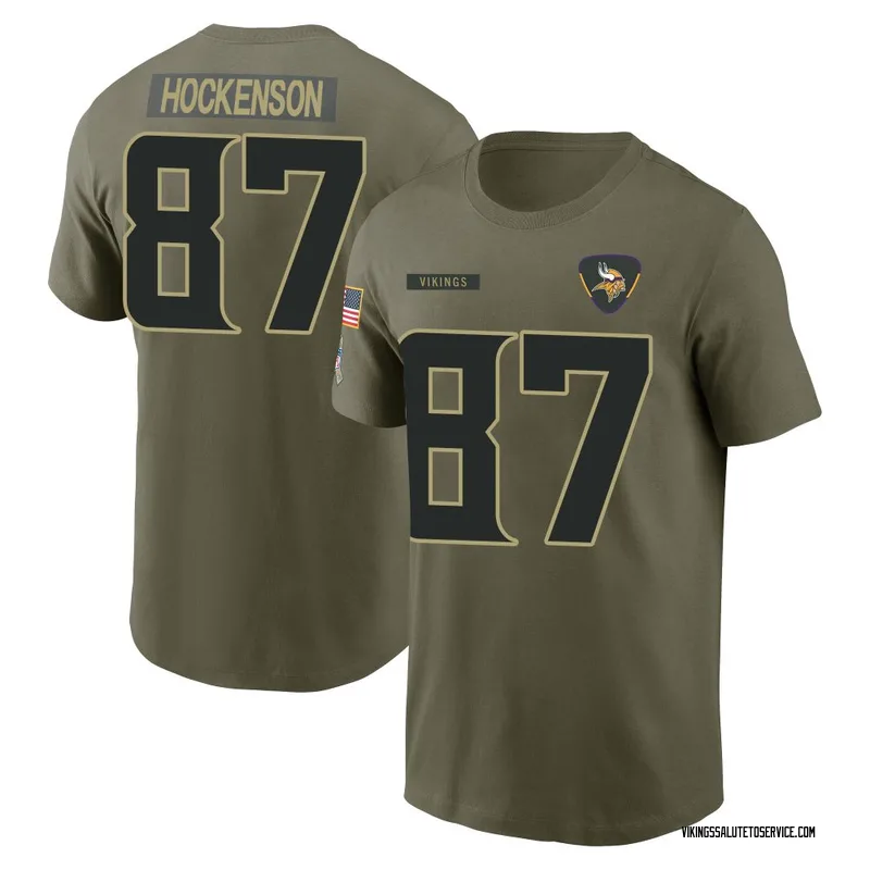 Youth T.J. Hockenson Minnesota Vikings Olive 2025 Salute to Service Name & Number T-Shirt